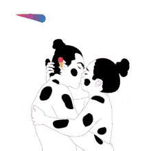 a drawing of a man and woman kissing with polka dots on their backs