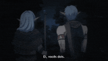 two anime characters are standing next to each other with the word ndb on the bottom left
