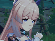a girl with pink hair and blue eyes is wearing a blue dress