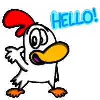 a cartoon chicken says hello with a red crest on its head