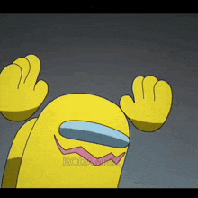 a yellow among us character is making a funny face with his arms outstretched .