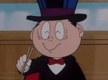 a cartoon character wearing a top hat and bow tie holding chopsticks .