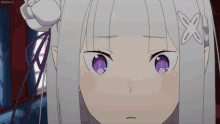 a close up of a anime girl with purple eyes and a bow in her hair