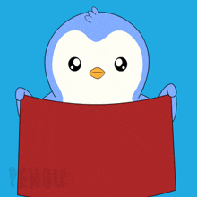 a penguin covering its mouth with a red cloth with the word penguin on the bottom right