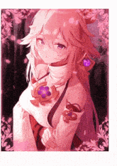 a picture of a girl with long pink hair and a purple flower on her chest