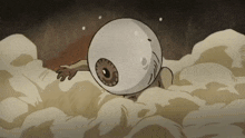 a cartoon drawing of an eye with a hand reaching out towards it