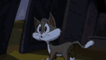a cartoon cat with a sad look on its face is standing in front of a building .