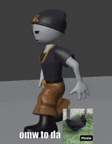 a cartoon character is walking next to a picture of a chicken and says omw to da