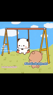 a cartoon of two bears hugging each other on a swing set .