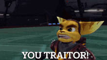 a video game character says " you traitor " in front of a dark background