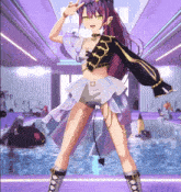 a girl with purple hair and a devil tail is standing in front of a swimming pool