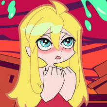 a cartoon of a girl with blonde hair and blue eyes covering her face with her hands