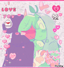 a drawing of a girl hugging another girl with the words " i love you " above them