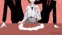 a drawing of a woman holding a tray with the word hyunoo on the bottom right