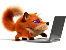 a cartoon fox with purple eyes is using a laptop computer