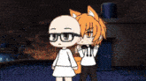 a cartoon character with glasses is standing next to a cartoon character with orange hair and ears