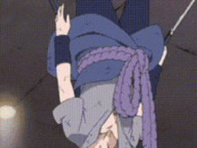 a person is hanging upside down from a rope in a cartoon .