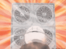 a cartoon drawing of a person laying in front of a fan with a watermark on the bottom left