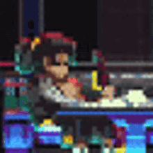 a pixel art of a man sitting at a desk in front of a computer monitor .