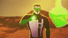 a cartoon of a green lantern with the letter h on his shirt