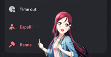 a girl is pointing at a time out screen
