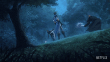 a netflix advertisement shows a man holding a whip in the woods