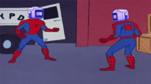 two spidermans are pointing at each other in front of a xpd truck