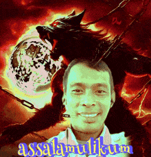 a man is smiling in front of a picture of a werewolf and the words assalamualaikum.com on the bottom