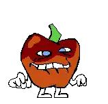 a cartoon of an apple with arms and legs and a green stem .