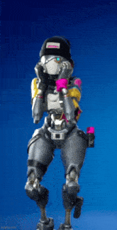 a robot wearing a beanie and holding a pink bottle