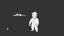 a black and white drawing of vault boy standing next to a machine