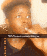 a young man is smoking an electronic cigarette with a caption that says " omg the anticipation is killing me "