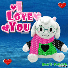 a stuffed animal with glasses and a scarf is surrounded by hearts and the words " i love you "