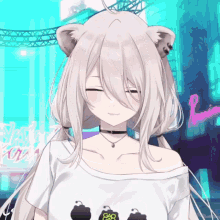 a girl with a choker around her neck is wearing a t-shirt with a sheep on it