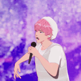 a girl with pink hair singing into a microphone