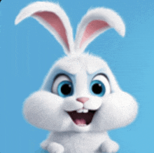 a white rabbit with blue eyes and pink ears is smiling