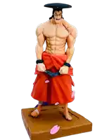 a statue of a man with a hat on his head is standing on a wooden block