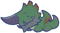 a cartoon drawing of a green dragon with a purple horn