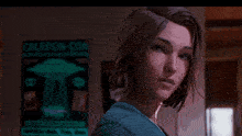 a close up of a woman 's face in a room