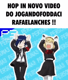 a cartoon of a man and a woman dancing with the words hop in novo video do jogandofoddaci rafaelanches !!