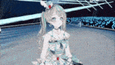 a girl in a white dress is standing in front of a crowd