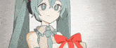 a girl is holding a gift with a red bow on it