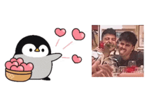 a penguin is holding a bowl of hearts next to a couple of men