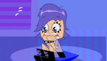 a cartoon of a girl with purple hair and braces