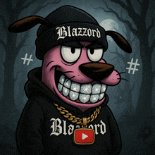a cartoon dog wearing a beanie and a hoodie that says blazord