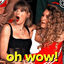 two women are sitting next to each other with the words oh wow written on the bottom