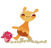 a cartoon illustration of a giraffe walking next to a small pink monster .