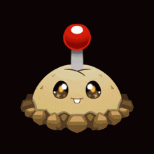 a cartoon character with a red button on top of it