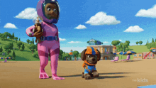 a cartoon of a girl in a pink suit holding a stuffed animal next to a dog in a blue and orange outfit