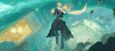 a man is flying through the air with a sword .